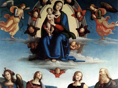 Perugino, Madonna col Bambino in gloria e Santi Michele, Caterina d’Alessandria, Apollonia e Giovanni Evangelista (Pala Scarani), 1500 circa
