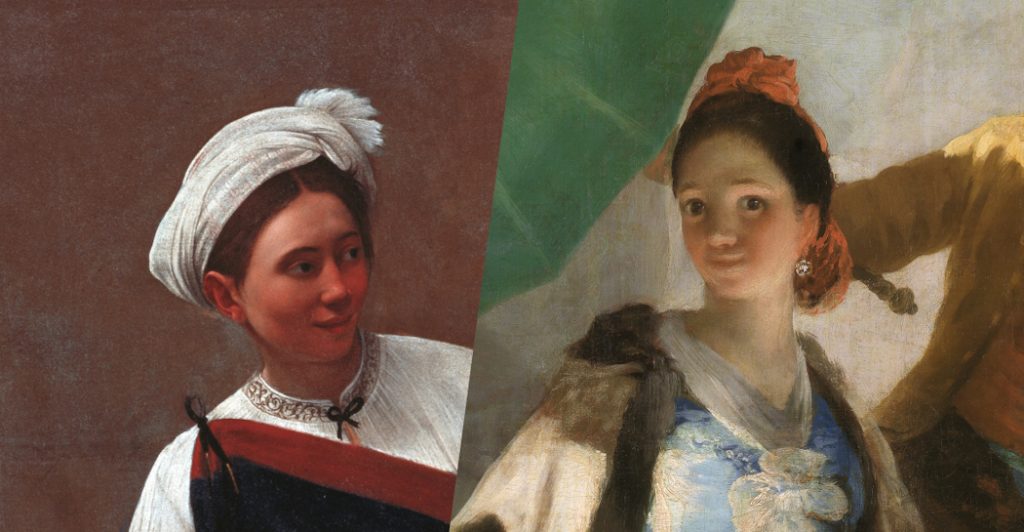 Nell'immagine sono rappresentati i due dipinti di Goya e Caravaggio: rispettivamente Buona Ventura e Il Parasole.