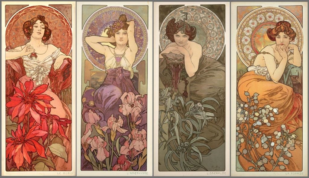 Opera di Alphonse Mucha che raffigura quattro donne in primo piano con sotto dei fiori, ognuno diverso per la donna che lo rappresenta.