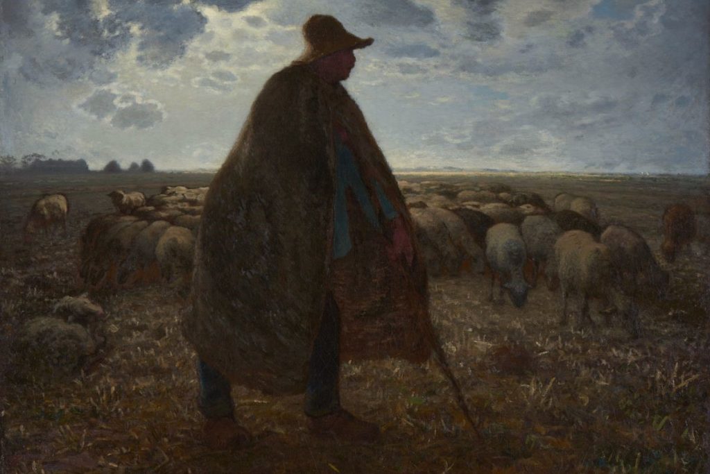 Dipinto ''Pastore che cura il suo gregge'' di Millet. L'artista pone l'attenzione sulla vita agreste dei contadini come in questo caso dove è raffigurato un pastore in tutta la sua solennità. 