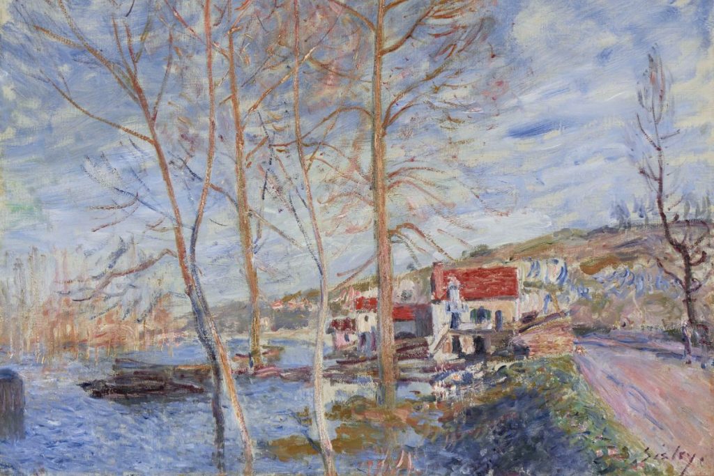 Dipinto ''Alluvione a Moret'' olio su tela di Alfred Sisley.  L'artista raffigura la cittadina di Moret dopo l'alluvione tramite la pratica dell'en plein air impressionista. 