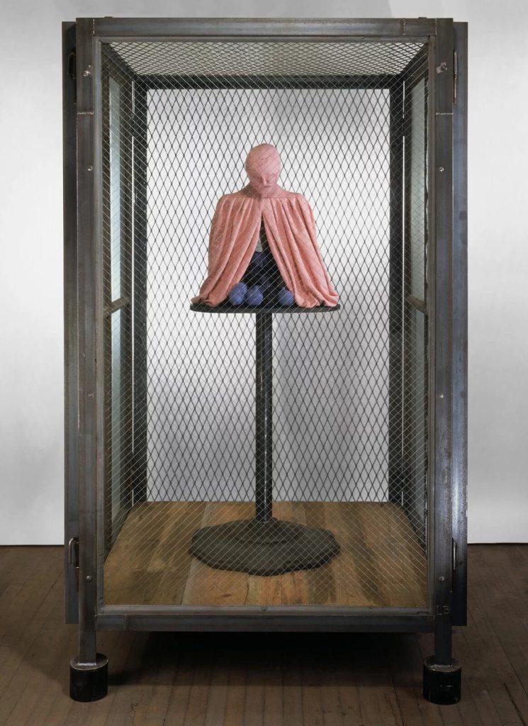 Louise Bourgeois CELL XVIII (PORTRAIT), 2000 Steel,Glass, Wood, Pink&Blue Fabric 81 1/2 x 48 1/2 x 50 1/2"; 207x 123.1x128.2cm 
Photo: Christopher Burke, ©The Easton Foundation/License by S.I.A.E., Italy and VAGA at Artists Rights Society (ARS), NY