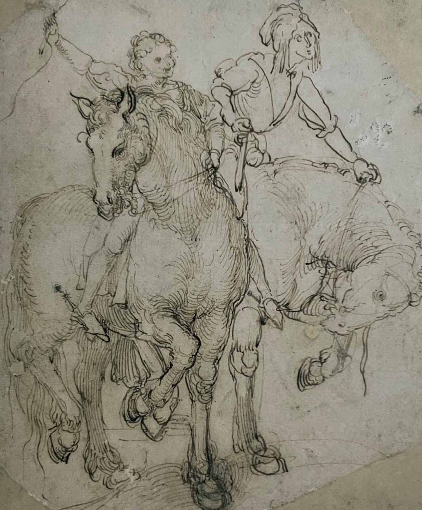 Albrecht Dürer, Due Cavalieri, disegno a penna, Monaco di Baviera, Staatilche Graphische Sammlungen @Studio Esseci 