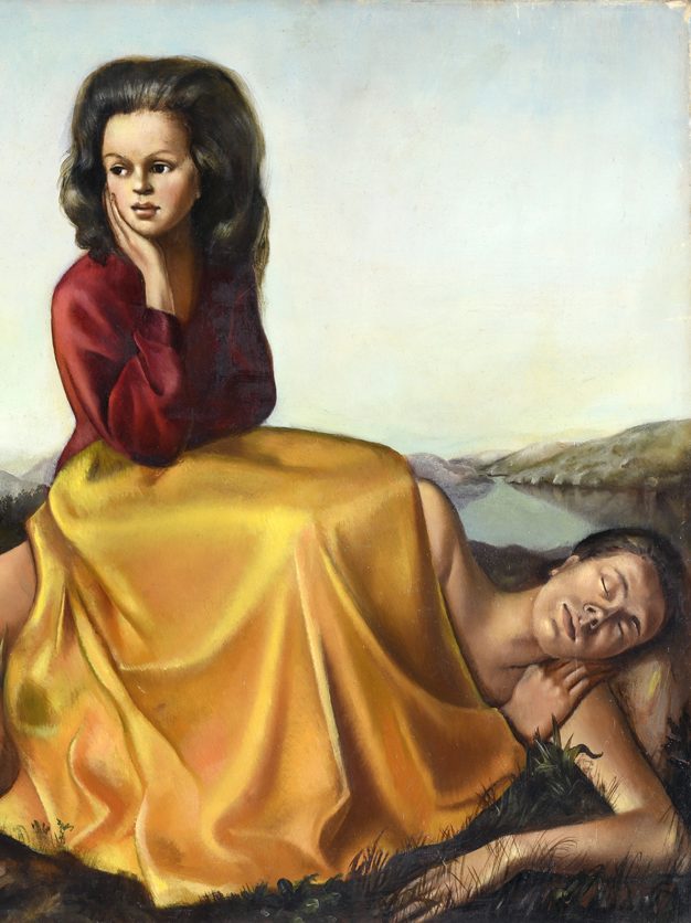 Leonor Fini, Femme assise sur un homme nu, 1942, olio su tela (ingrandimento) nella mostra "Il Surrealismo e l'Italia"