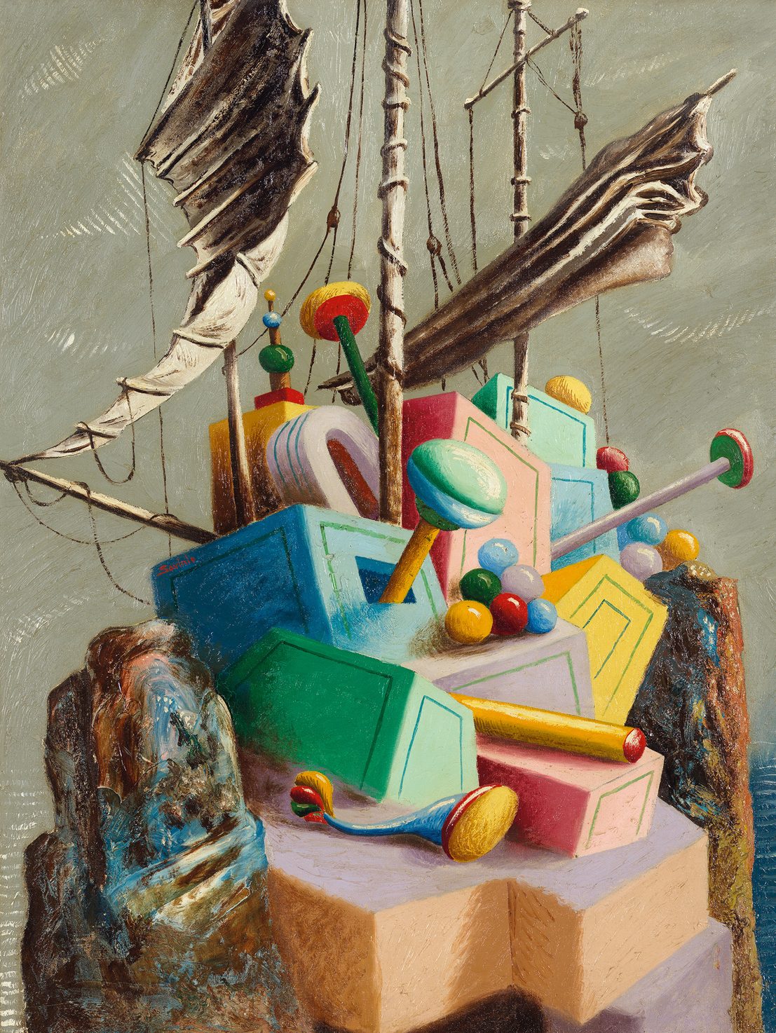 Alberto Savinio, Le navire perdu, 1928, olio su tela nella mostra "Il Surrealismo e l'Italia"