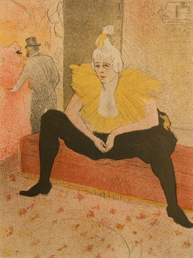  Henri de Toulouse-Lautrec, La clownessa seduta (Mademoiselle Cha-u-ka-o), Litografia a cinque colori su papier vélin – Ed. André Sauret, 1952
